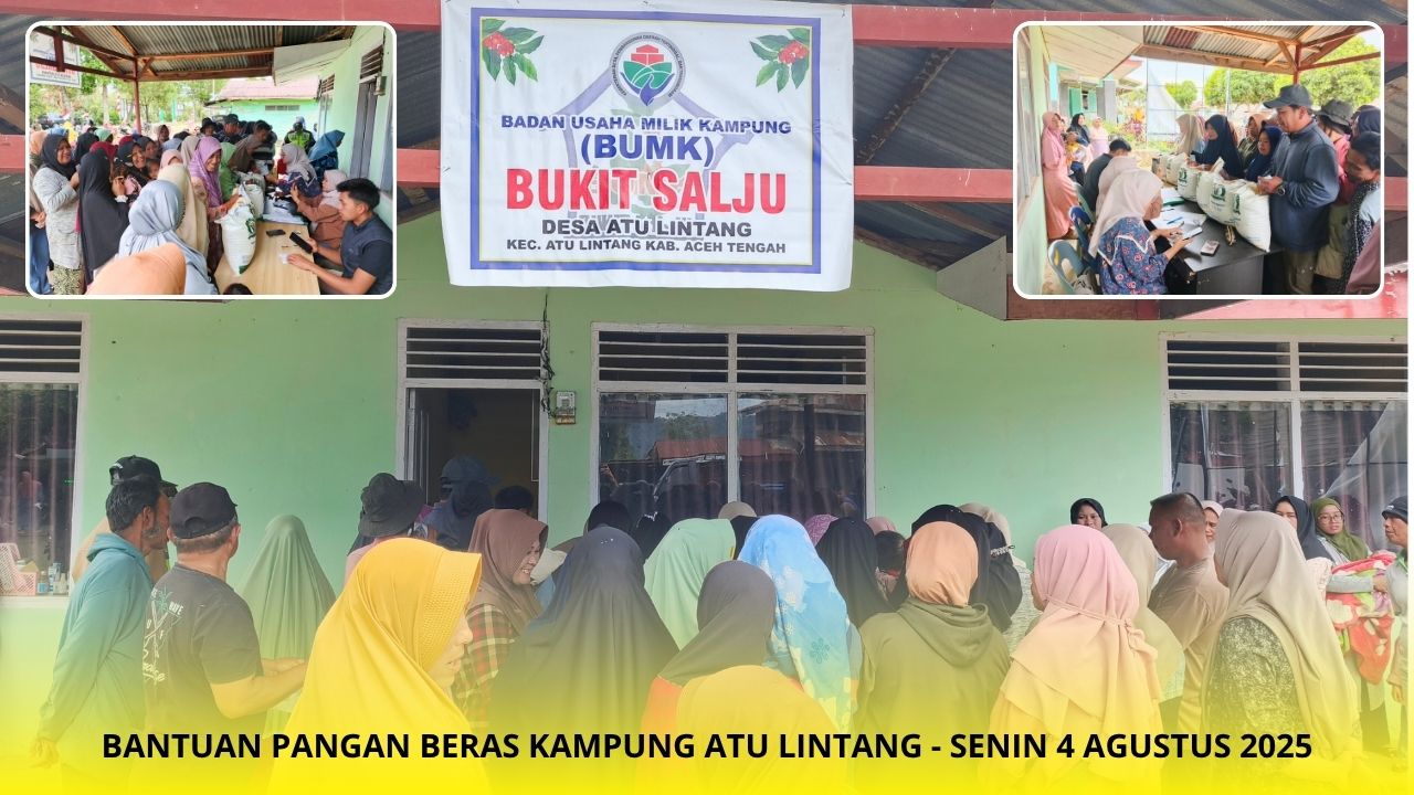 Penyaluran Bantuan beras di Kampung Atu Lintang Dilaksanakan di Halaman Gedung BUMK Bukit Salju