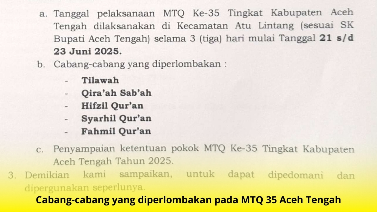 Ini Cabang yang Diperlombakan pada MTQ ke-35 Kabupaten Aceh Tengah