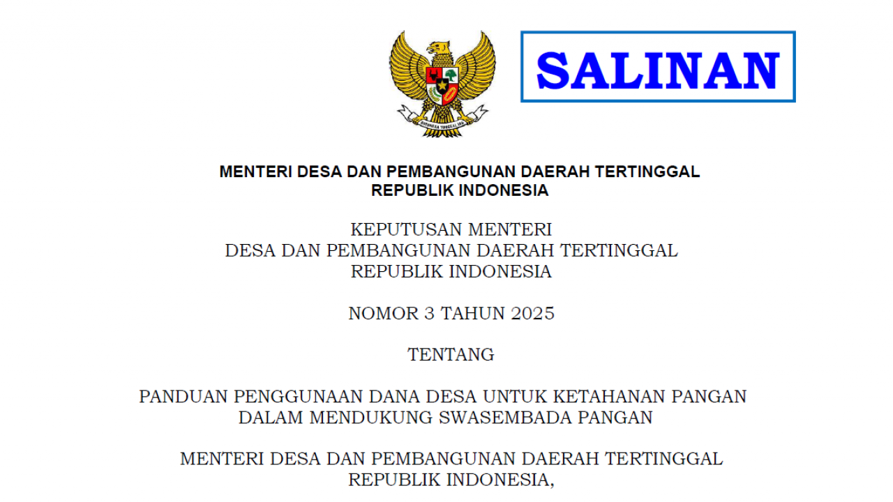 Kepmendesa PDT Nomor 3 Tahun 2025 – Panduan Penggunaan Dana Desa Untuk Ketahanan Pangan Dalam Mendukung Swasembada Pangan