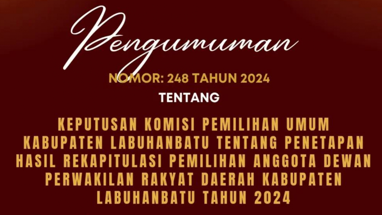 Keputusan Komisi Pemilihan Umum Kabupaten Labuhanbatu Nomor 248 tentang Penetapan Hasil Pemilihan Umum Anggota Dewan Perwakilan Rakyat Daerah Kabupaten Labuhanbaru Tahun 2024.