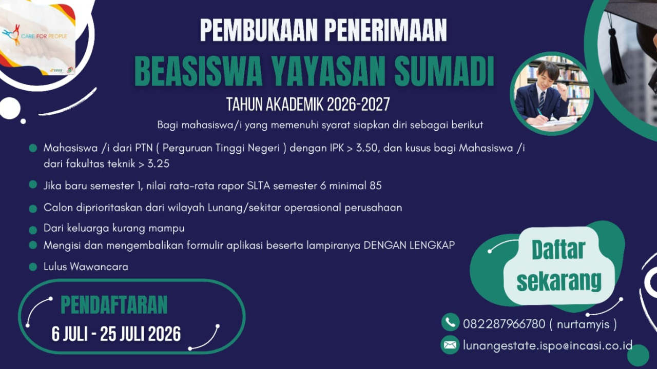 BEASISWA YAYASAN SUMADI UNTUK MAHASISWA ASAL LUNANG