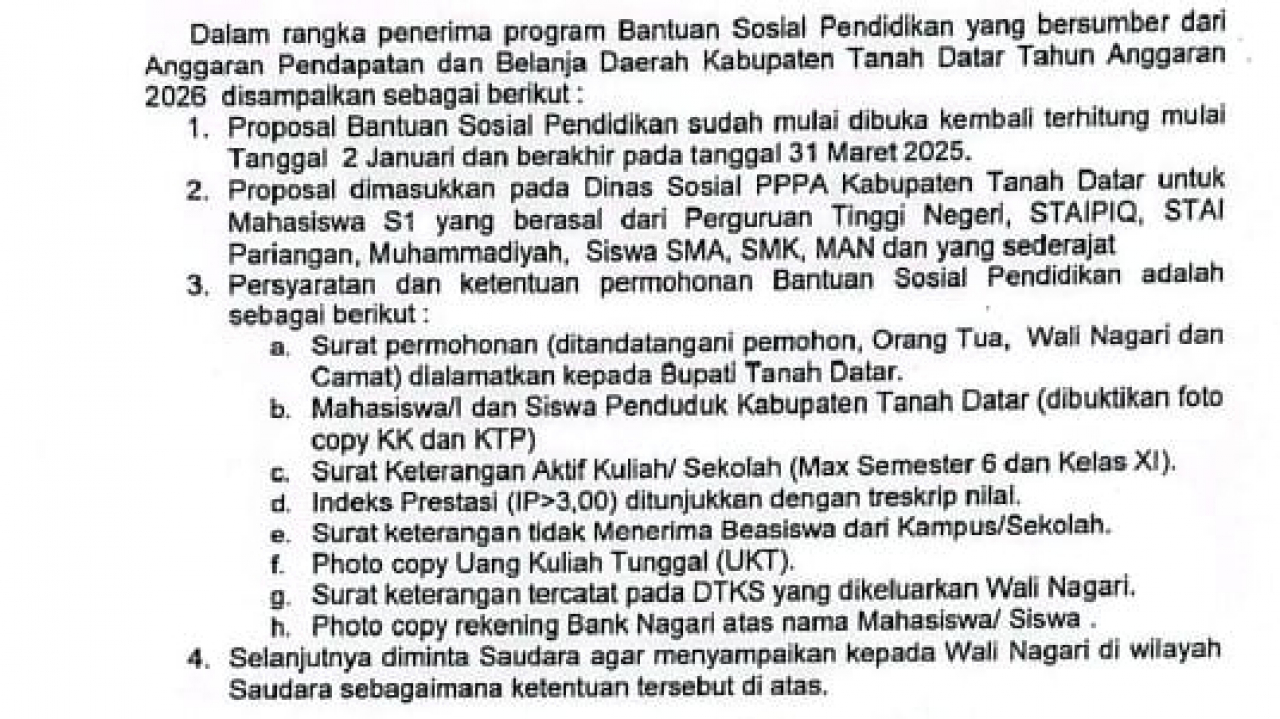 Bantuan Pendidikan dari Dinas Sosial Tanah Datar untuk Warga Nagari Simabur