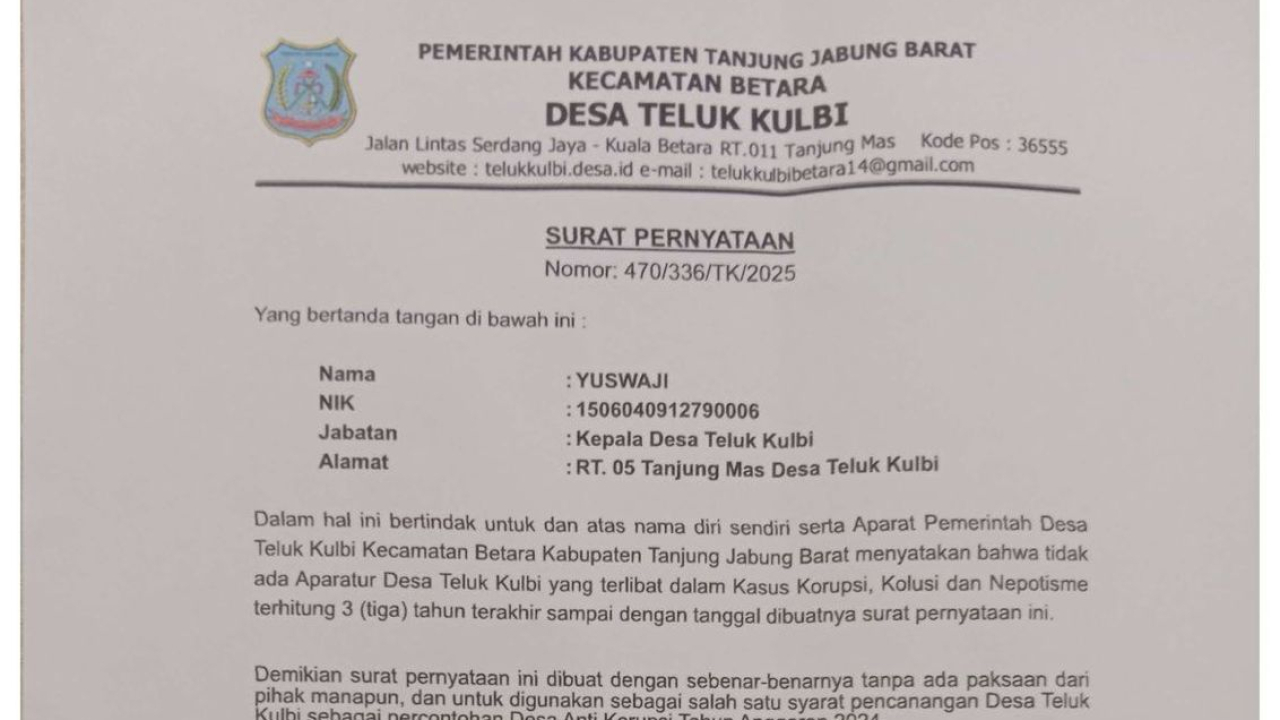 Surat Pernyataan Kepala Desa Teluk Kulbi bahwa Tidak ada aparatur Desa yang terlibat dalam kasus Korupsi, Kolusi dan Nepotisme