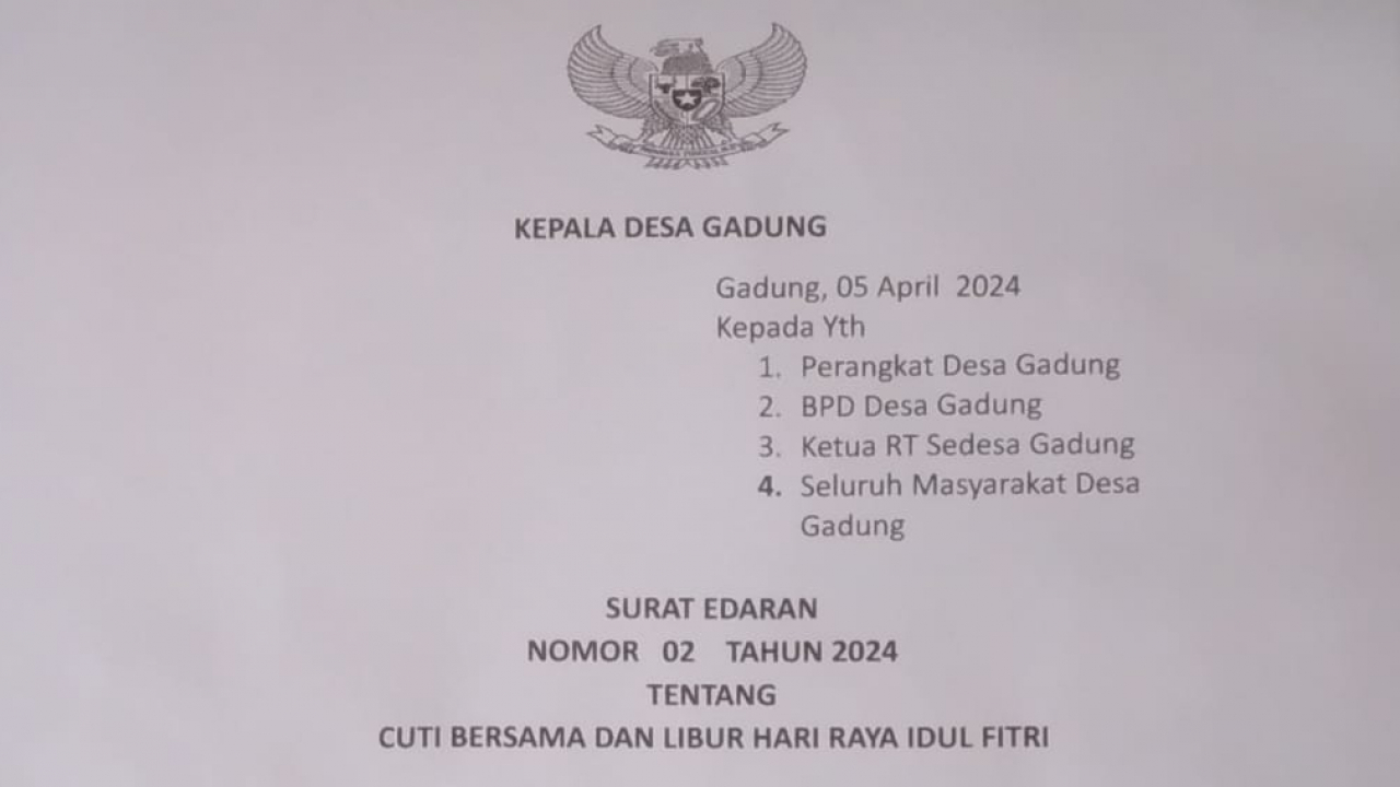 SURAT EDARAN KEPALA DESA GADUNG TENTANG CUTI BERSAMA DAN LIBIR HARI RAYA IDUL FITRI