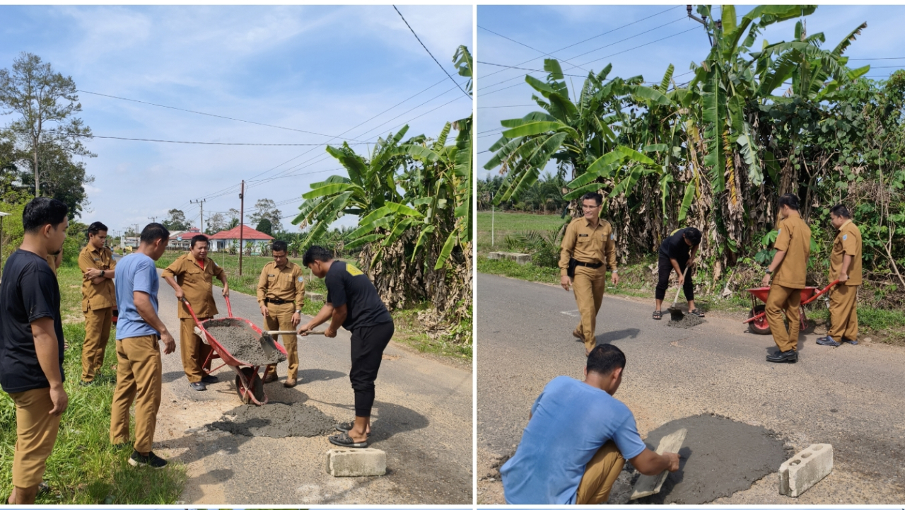 Prihatin Jalan Berlubang, Kades Sinar Sari Pimpin Gotong Royong Tampal Jalan Provinsi