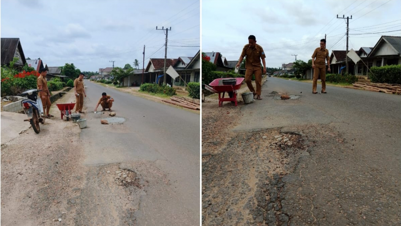 Kepala Desa Sinar Sari di Dampingi Aparatur Pemerintah Desa Melakukan Penambalan Jalan Demi Kenyamanan Masyarakat