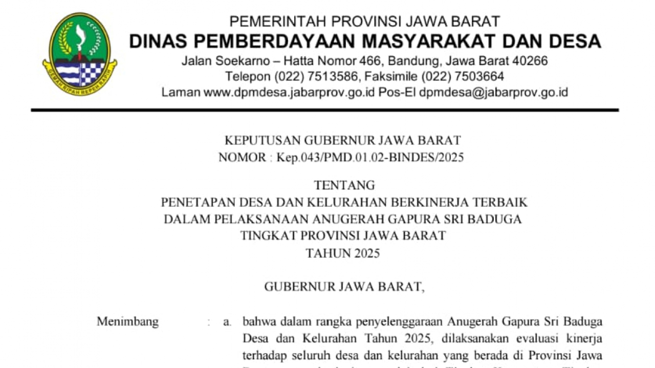 DESA CANGKO MERAIH PENGHARGAAN DESA DAN KELURAHAN BERKINERJA TERBAIK DALAM PELAKSANAAN ANUGERAH GAPURA SRI BADUGA TINGKAT PROVINSI JAWA BARAT TAHUN 2025