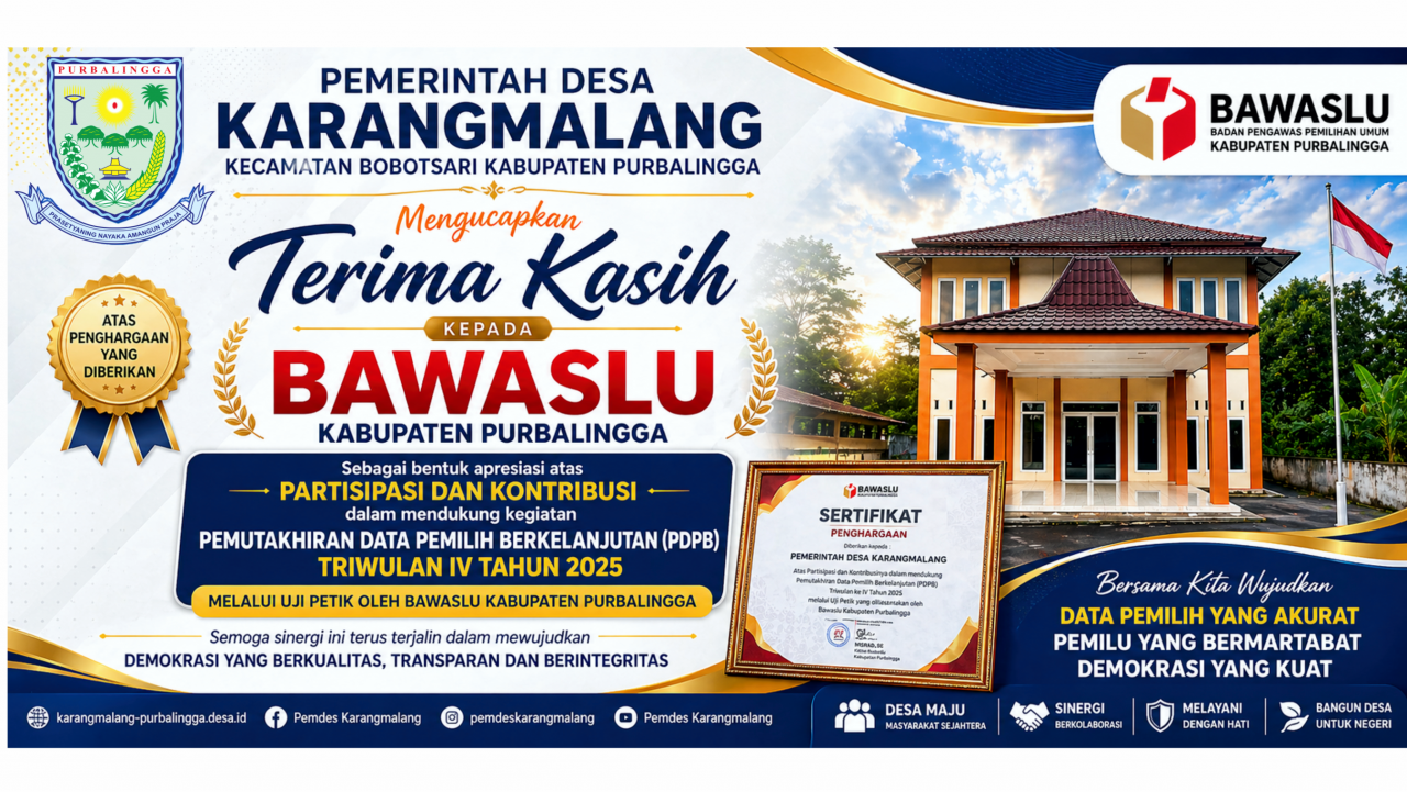 Pemdes Karangmalang Terima Penghargaan dari Bawaslu Purbalingga