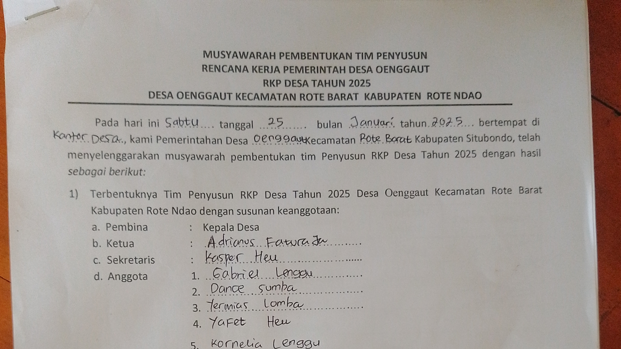 Musyawarah Pembentukan Tim Penyusun RKPDES Oenggaut Tahun 2025