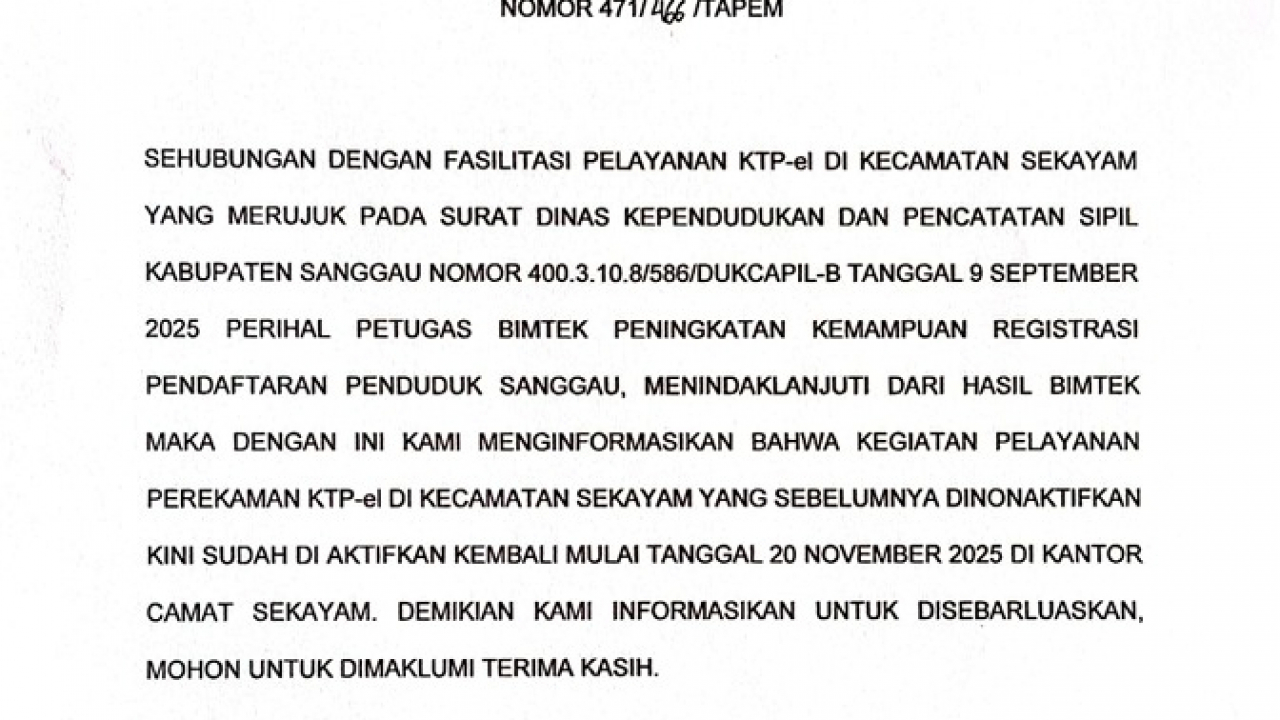 PEREKAMAN E-KTP DI KECAMATAN SEKAYAM YANG SEMULA DI NONAKTIFKAN SEKARANG DI AKTIFKAN KEMBALI
