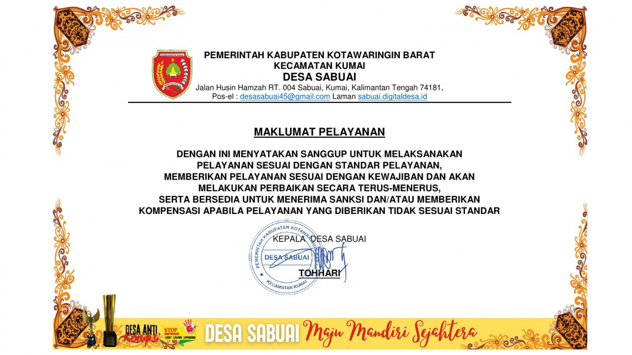 Maklumat Pelayanan Pemerintah Desa Sabuai