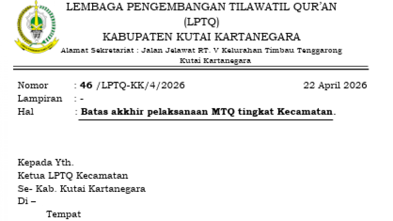 LPTQ Kutai Kartanegara Tetapkan Batas Akhir MTQ Tingkat Kecamatan Hingga Juli 2026