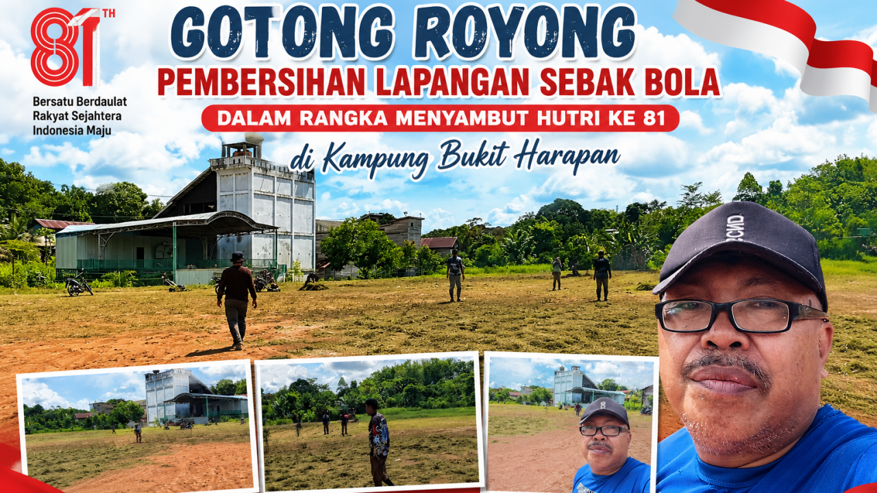Warga Kampung Bukit Harapan Bersihkan Lapangan Sambut HUT RI
