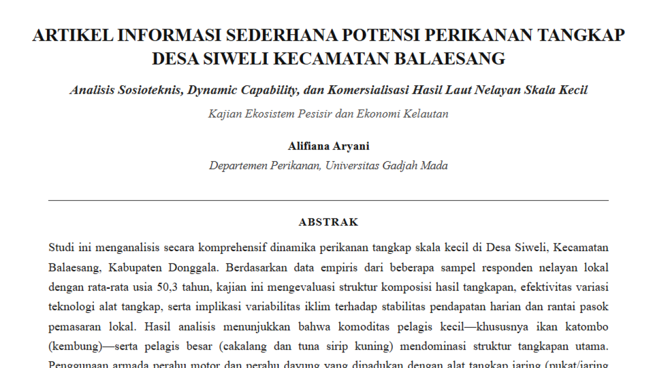 Artikel Informasi Sederhana Potensi Perikanan Tangkap Desa Siweli Kecamatan Balaesang