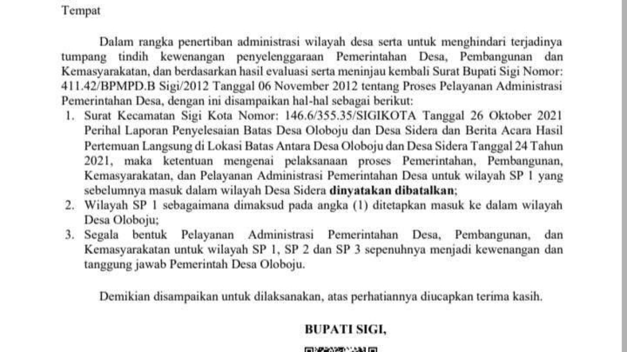 Penyatuan Wilayah SP 1, SP 2, dan SP 3 Trans Bolupountu ke Desa Oloboju