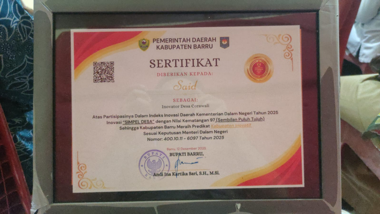 Kepala Desa Corawali Raih Penghargaan Inovator Desa, Barru Masuk Predikat Kabupaten Inovatif