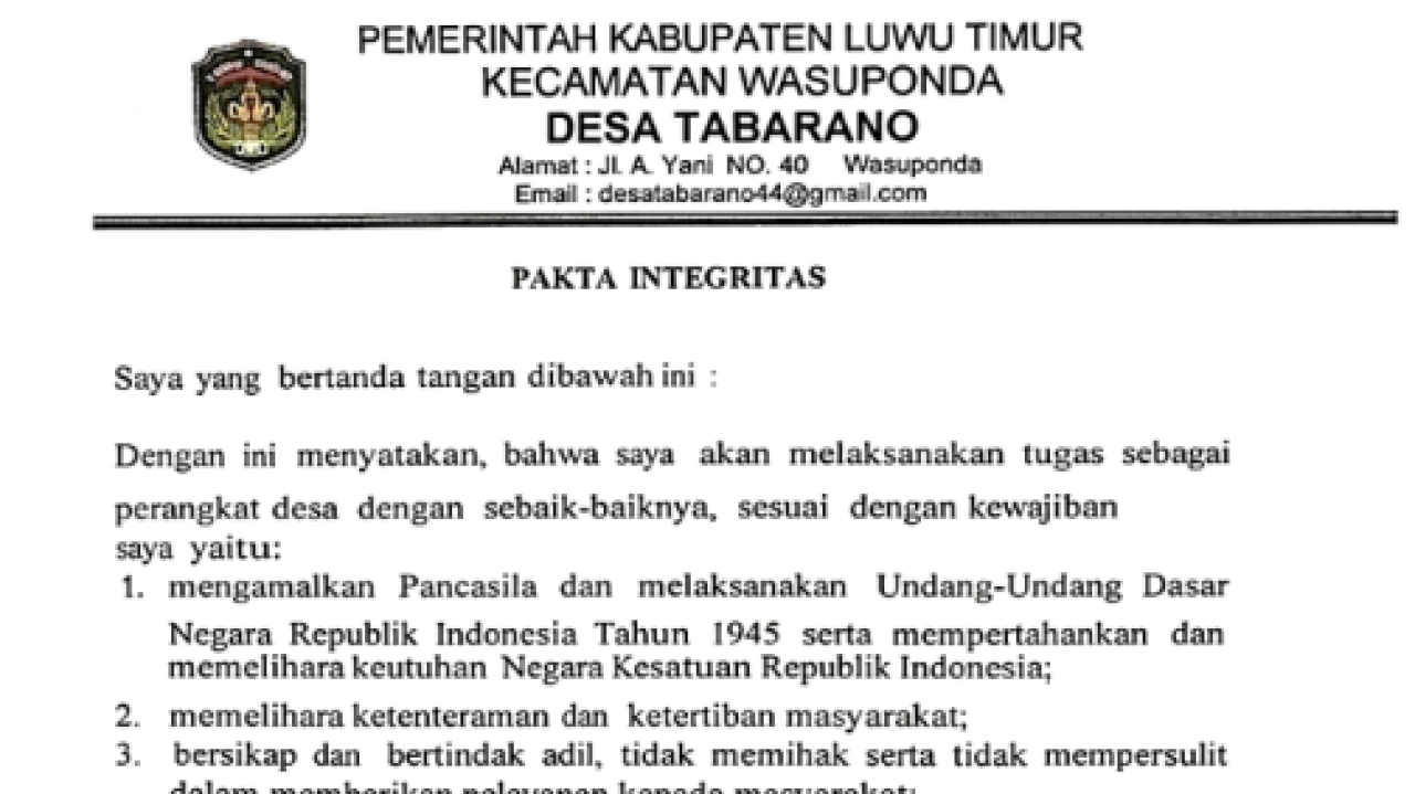 DOKUMEN PAKTA INTEGRITAS YANG DI TANDA TANGANI OLEH APARAT DESA