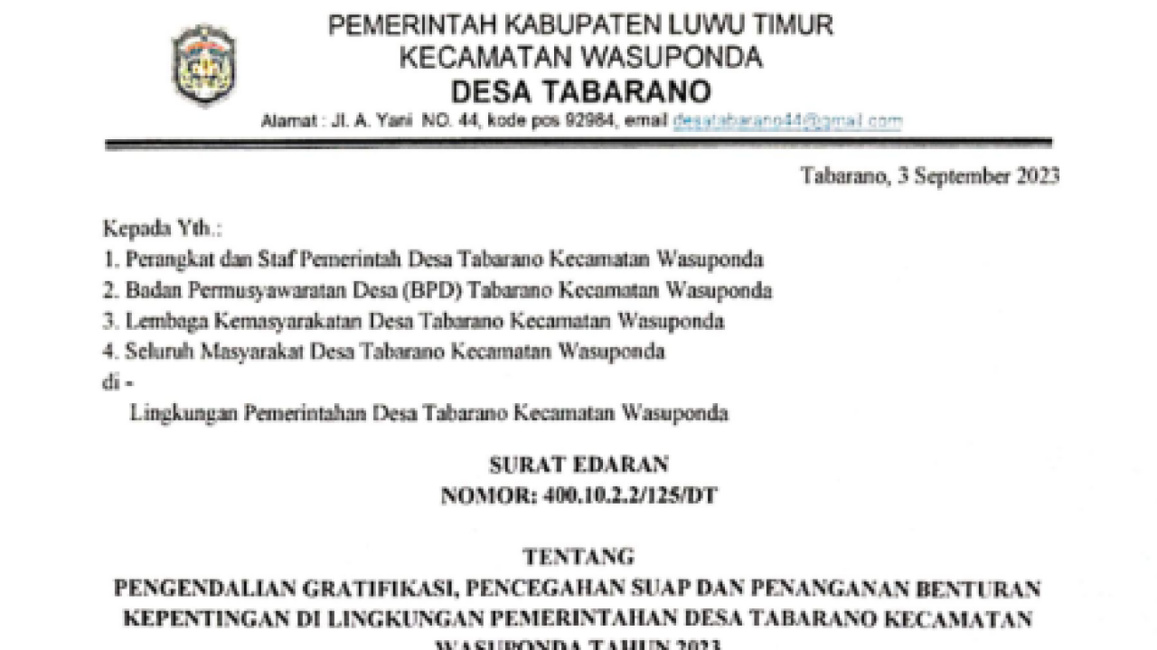 SURAT EDARAN PENGENDALIAN GRAFITASI DAN KONFLIK KEPENTINGAN DI LOKASI PEMERINTAHAN DESA TBARANO