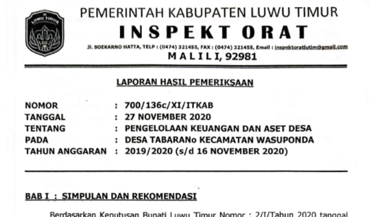 LAPORAN HASIL PEMERIKSAAN PENGELOLAHAN KEUANGAN DAN ASET DESA TAHUN 2020