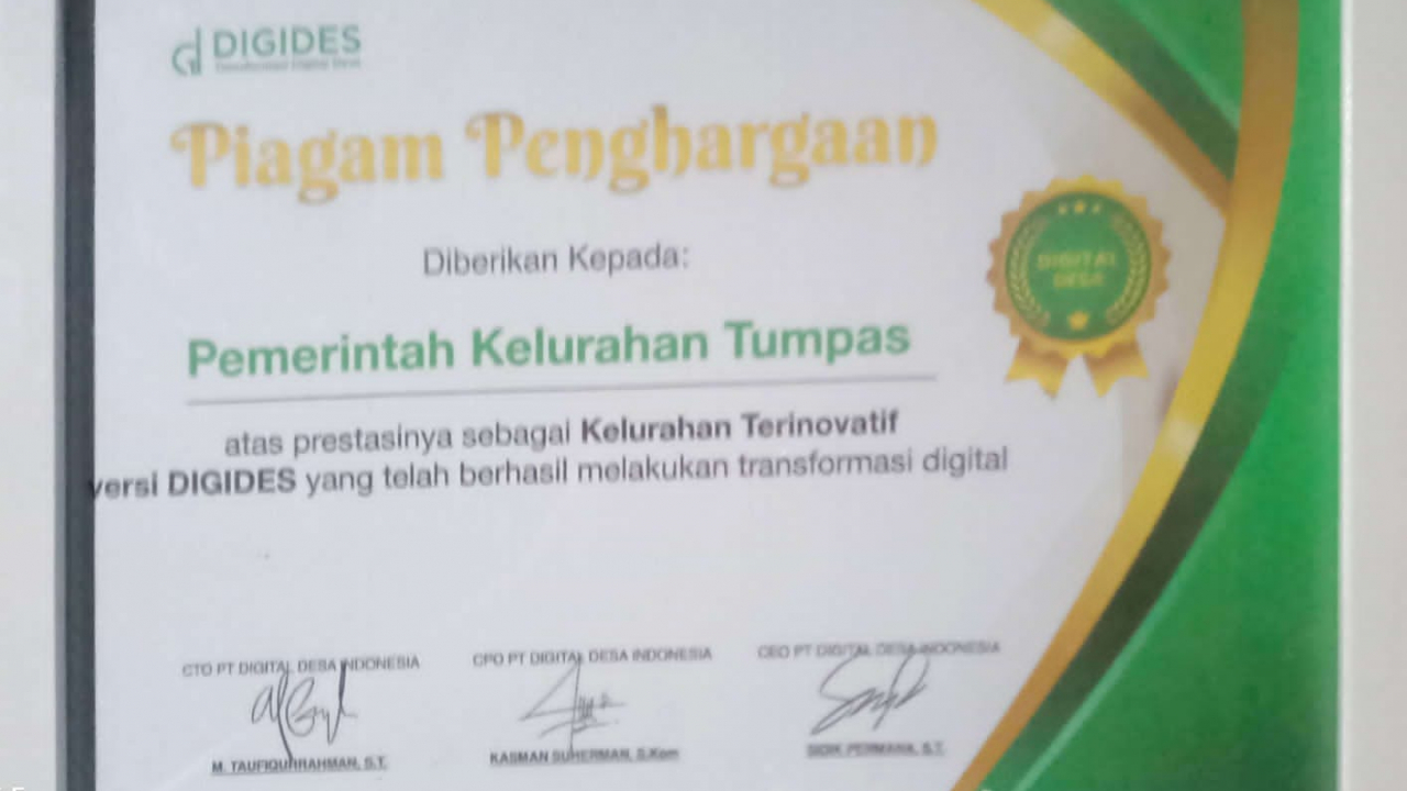 Kelurahan Tumpas Raih Piagam Kelurahan Terinovatif dari Persi Digital Indonesia