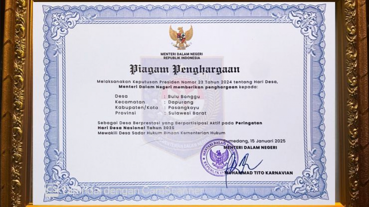 Desa Bulu Bonggu Raih Penghargaan Desa Sadar Hukum dari Kemendagri pada Peringatan Hari Desa Nasional Tahun 2025